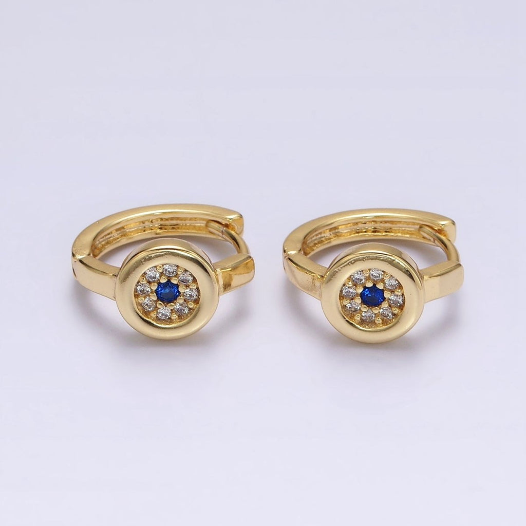 16K Gold plated Evil Eye Micro Paved CZ Round 13mm Huggie Earrings | AE605 - DLUXCA