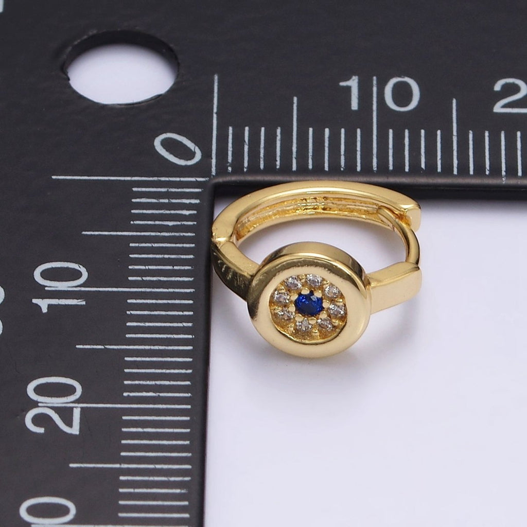 16K Gold plated Evil Eye Micro Paved CZ Round 13mm Huggie Earrings | AE605 - DLUXCA