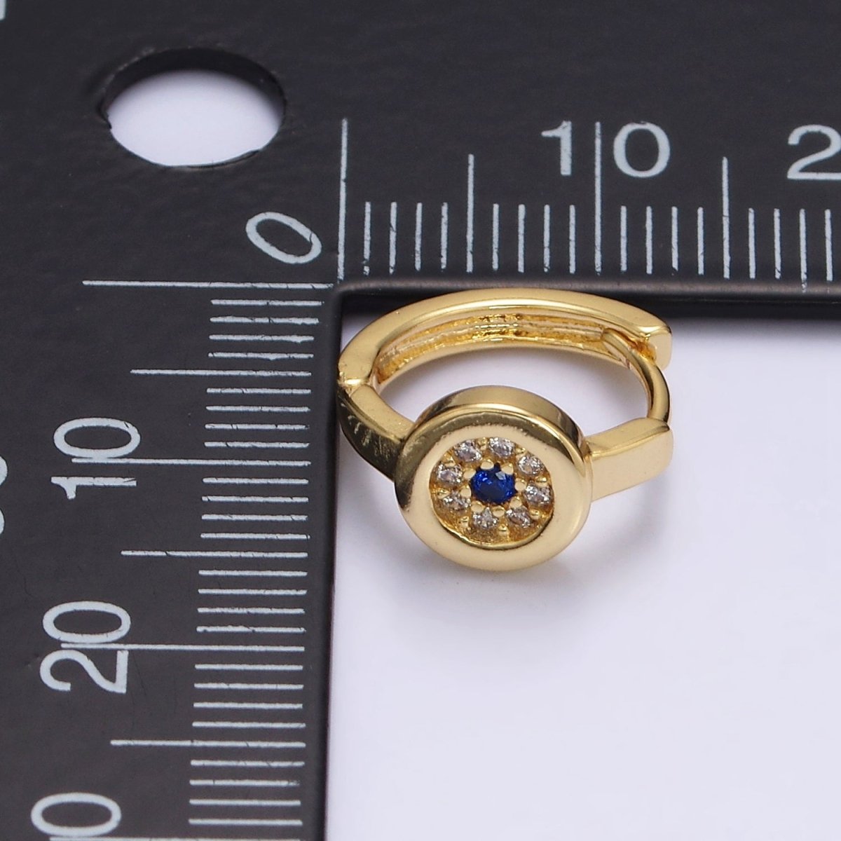 16K Gold plated Evil Eye Micro Paved CZ Round 13mm Huggie Earrings | AE605 - DLUXCA