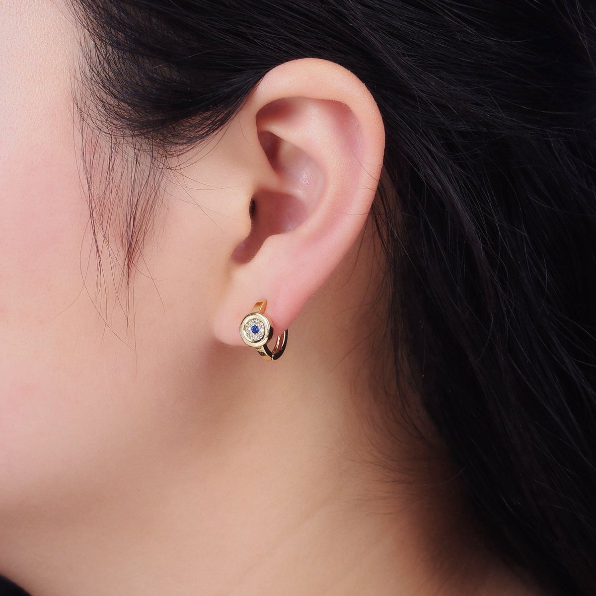 16K Gold plated Evil Eye Micro Paved CZ Round 13mm Huggie Earrings | AE605 - DLUXCA