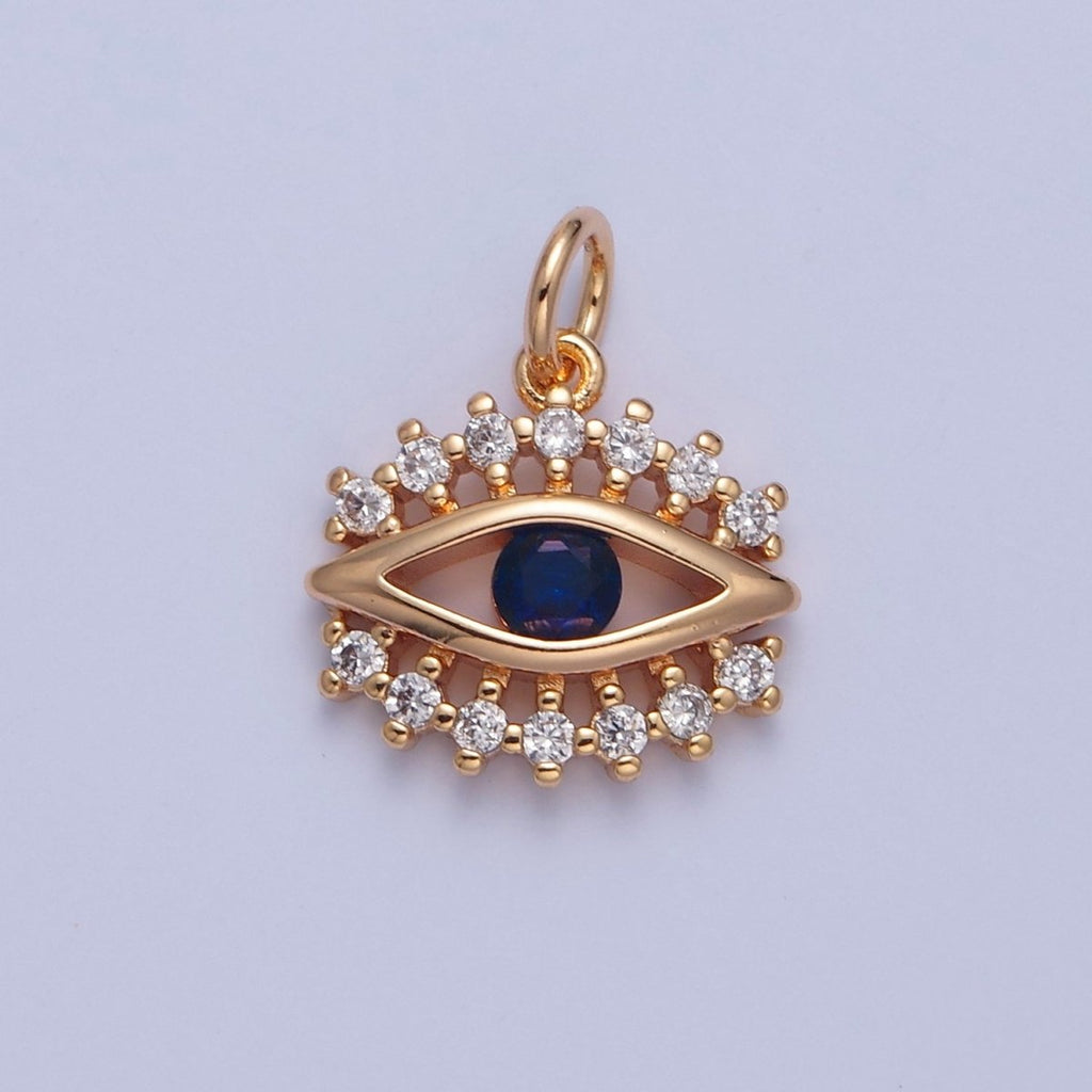 16K Gold plated Eye of Ra Charm, Blue & Clear Cubic Zirconia CZ Protection Evil Eye Charm, X-041 - DLUXCA