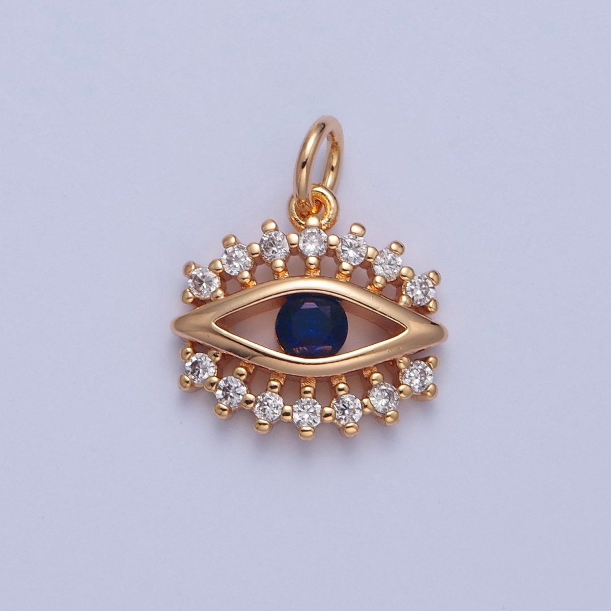 16K Gold plated Eye of Ra Charm, Blue & Clear Cubic Zirconia CZ Protection Evil Eye Charm, X-041 - DLUXCA