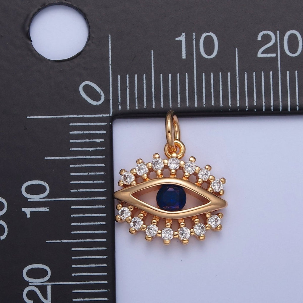 16K Gold plated Eye of Ra Charm, Blue & Clear Cubic Zirconia CZ Protection Evil Eye Charm, X-041 - DLUXCA