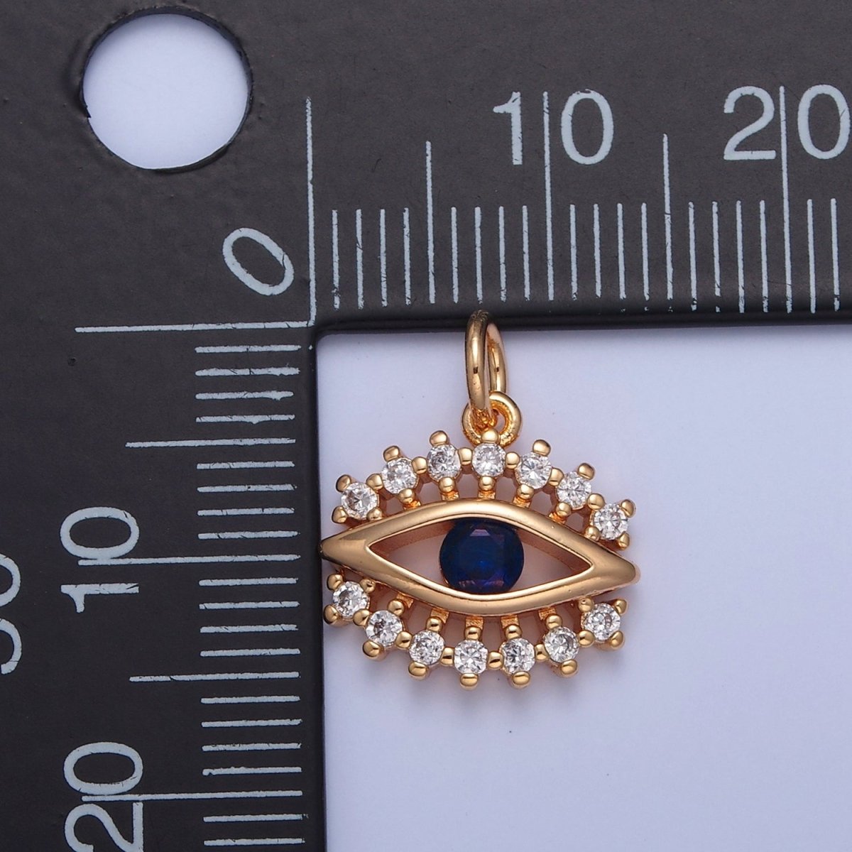 16K Gold plated Eye of Ra Charm, Blue & Clear Cubic Zirconia CZ Protection Evil Eye Charm, X-041 - DLUXCA