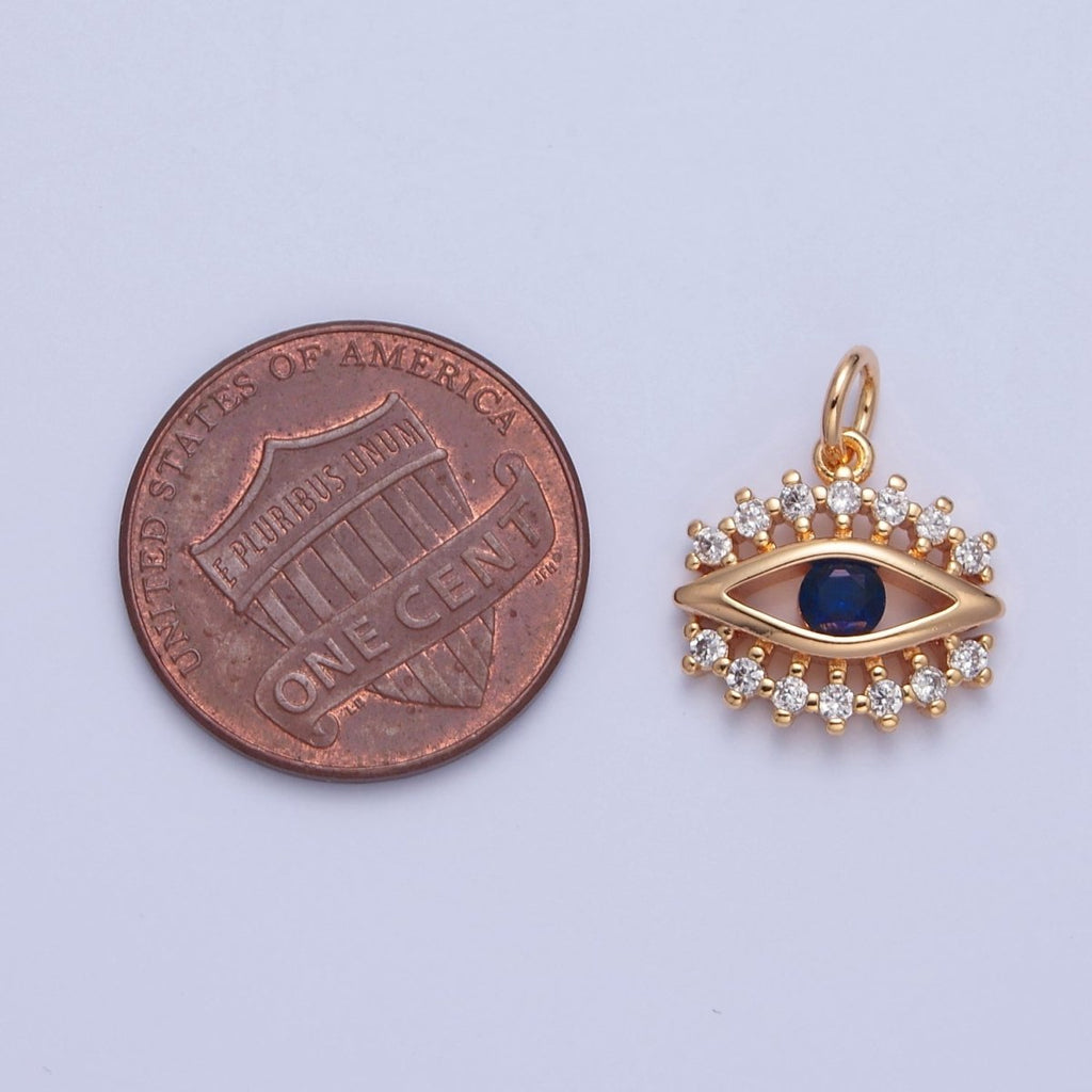 16K Gold plated Eye of Ra Charm, Blue & Clear Cubic Zirconia CZ Protection Evil Eye Charm, X-041 - DLUXCA