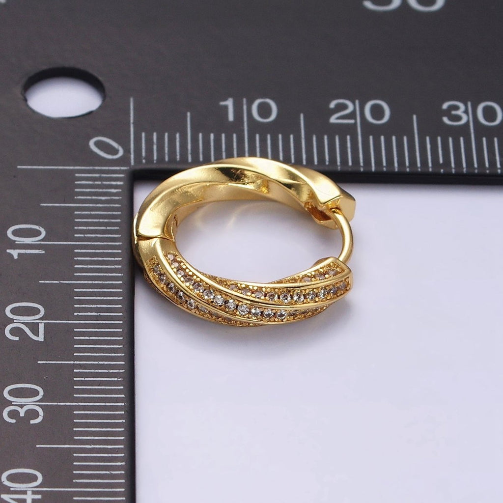 16K Gold plated Flat Twisted Half Micro Paved CZ 20mm Huggie Hoop Earrings | AD1560 - DLUXCA