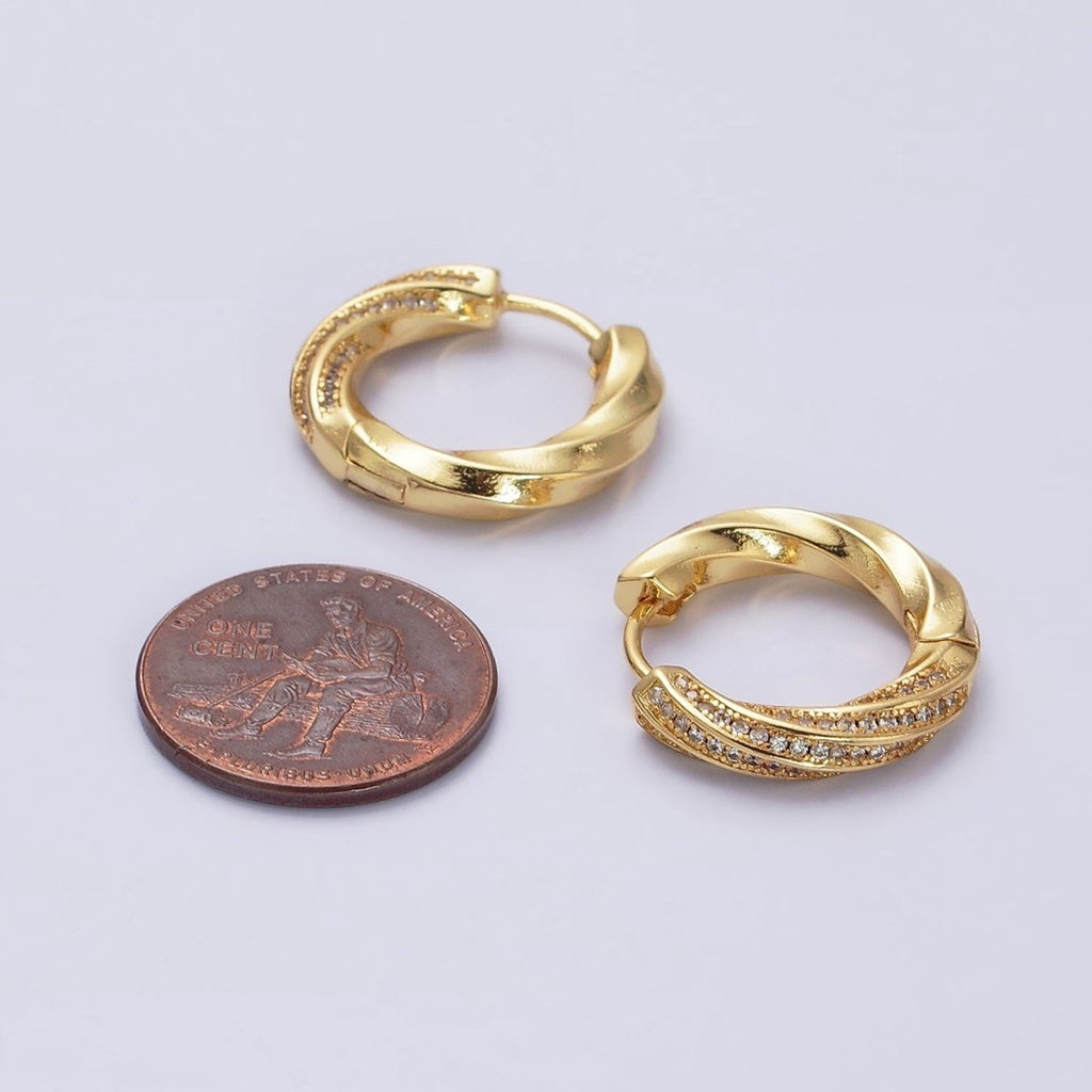 16K Gold plated Flat Twisted Half Micro Paved CZ 20mm Huggie Hoop Earrings | AD1560 - DLUXCA