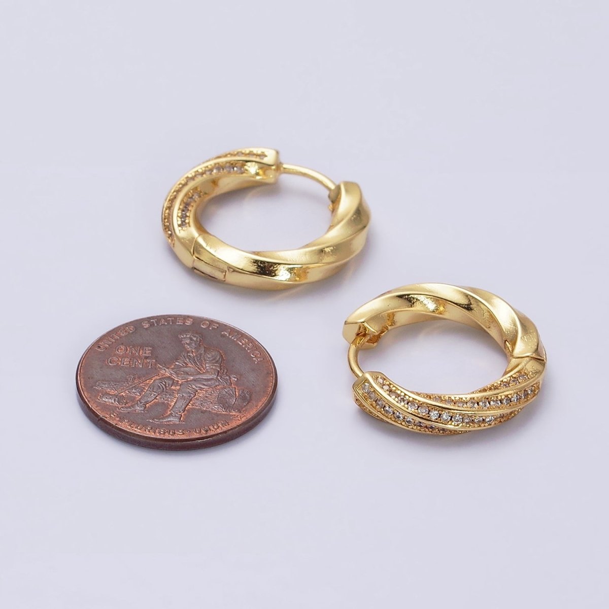16K Gold plated Flat Twisted Half Micro Paved CZ 20mm Huggie Hoop Earrings | AD1560 - DLUXCA
