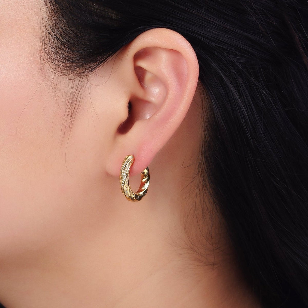 16K Gold plated Flat Twisted Half Micro Paved CZ 20mm Huggie Hoop Earrings | AD1560 - DLUXCA
