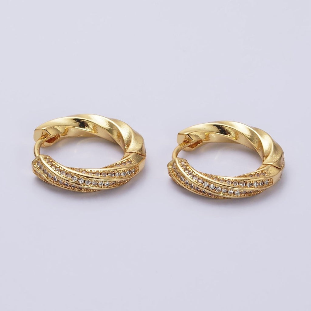 16K Gold plated Flat Twisted Half Micro Paved CZ 20mm Huggie Hoop Earrings | AD1560 - DLUXCA