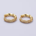 16K Gold plated Flat Twisted Half Micro Paved CZ 20mm Huggie Hoop Earrings | AD1560 - DLUXCA