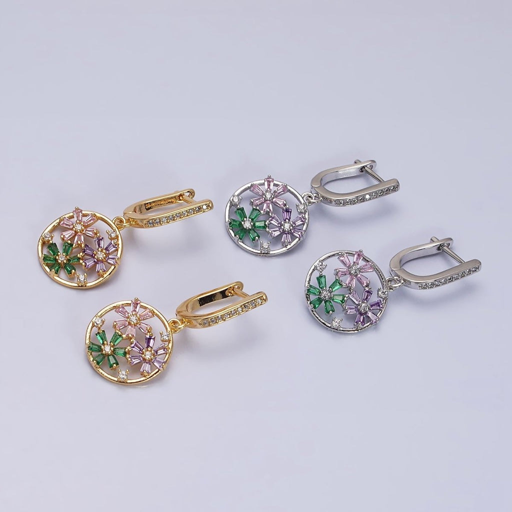 16K Gold plated Flower Baguette Multicolor Open Drop Micro Paved English Lock Earrings in Gold & Silver | AD1179 AD1180