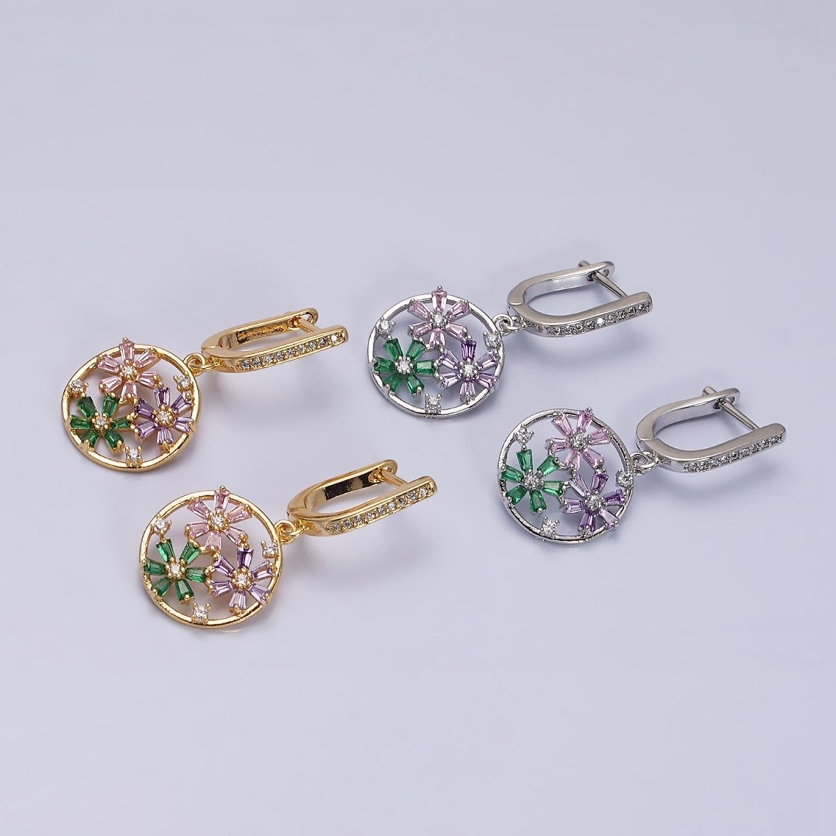 16K Gold plated Flower Baguette Multicolor Open Drop Micro Paved English Lock Earrings in Gold & Silver | AD1179 AD1180