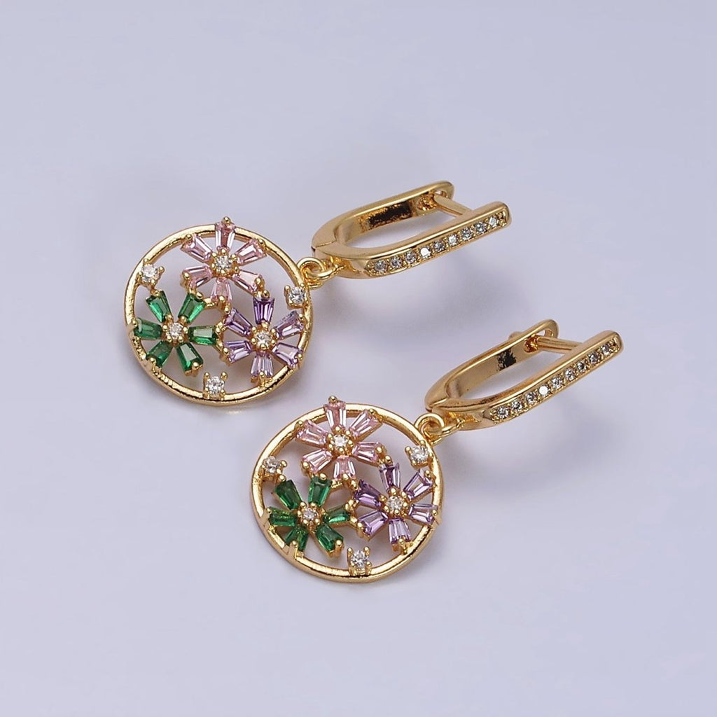 16K Gold plated Flower Baguette Multicolor Open Drop Micro Paved English Lock Earrings in Gold & Silver | AD1179 AD1180