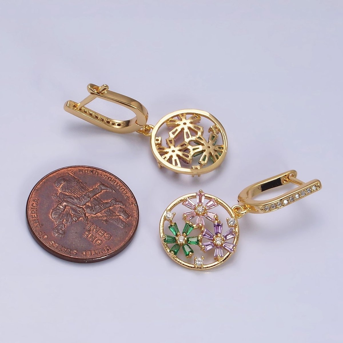16K Gold plated Flower Baguette Multicolor Open Drop Micro Paved English Lock Earrings in Gold & Silver | AD1179 AD1180
