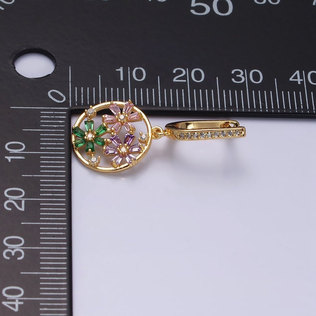 16K Gold plated Flower Baguette Multicolor Open Drop Micro Paved English Lock Earrings in Gold & Silver | AD1179 AD1180
