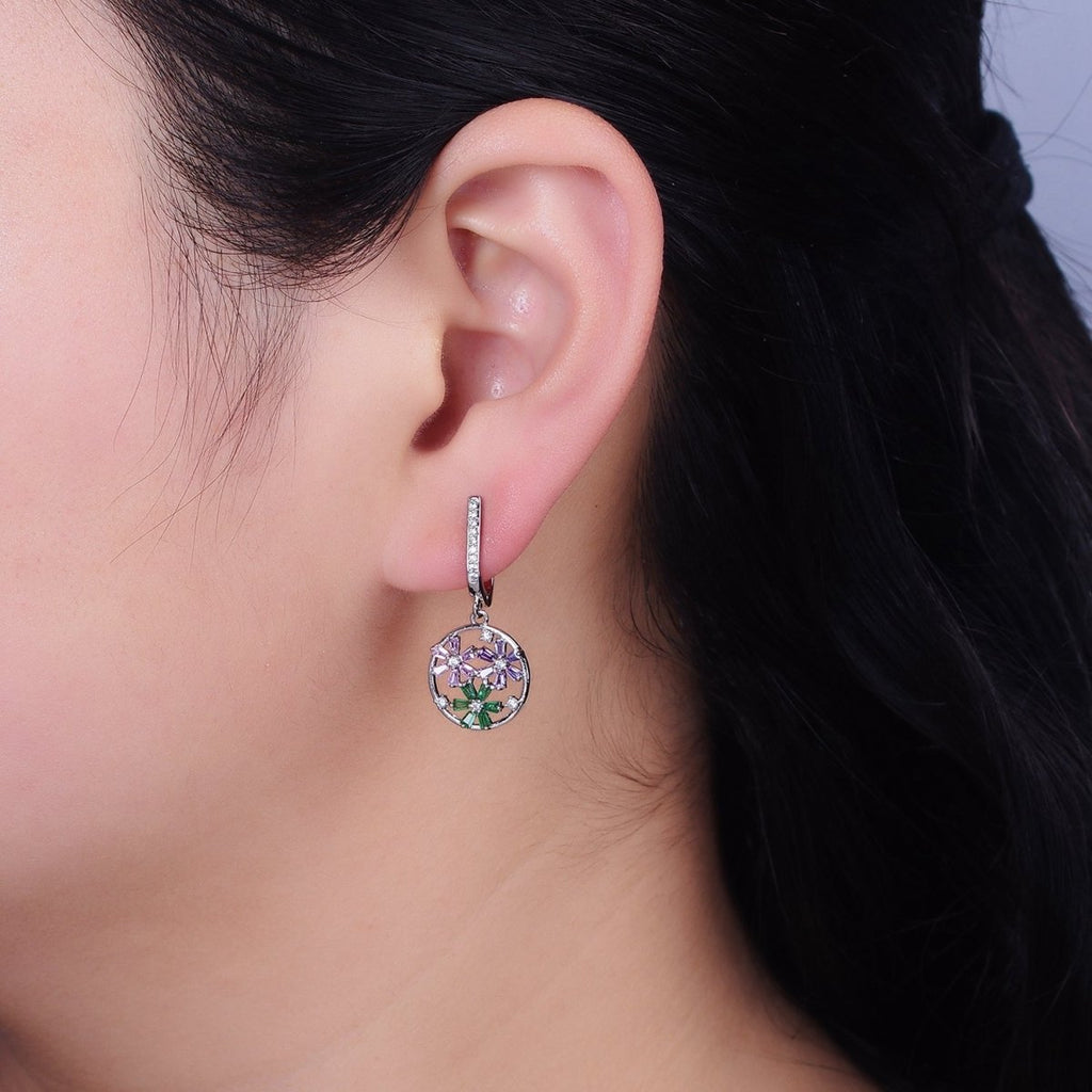 16K Gold plated Flower Baguette Multicolor Open Drop Micro Paved English Lock Earrings in Gold & Silver | AD1179 AD1180