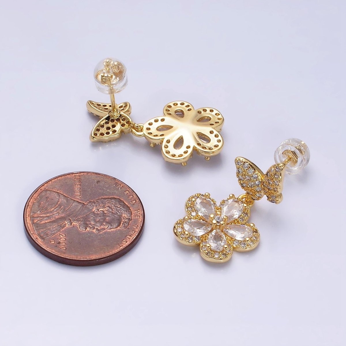 16K Gold plated Flower Butterfly Micro Paved CZ Drop Stud Earrings in Gold & Silver | AD1066 AD1067