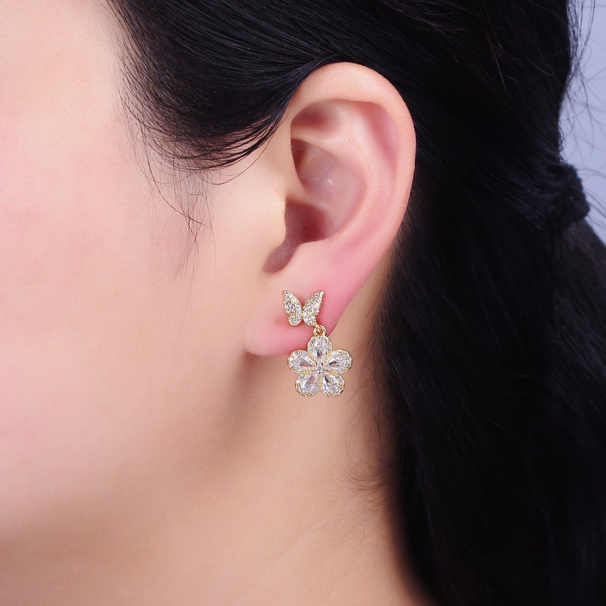 16K Gold plated Flower Butterfly Micro Paved CZ Drop Stud Earrings in Gold & Silver | AD1066 AD1067