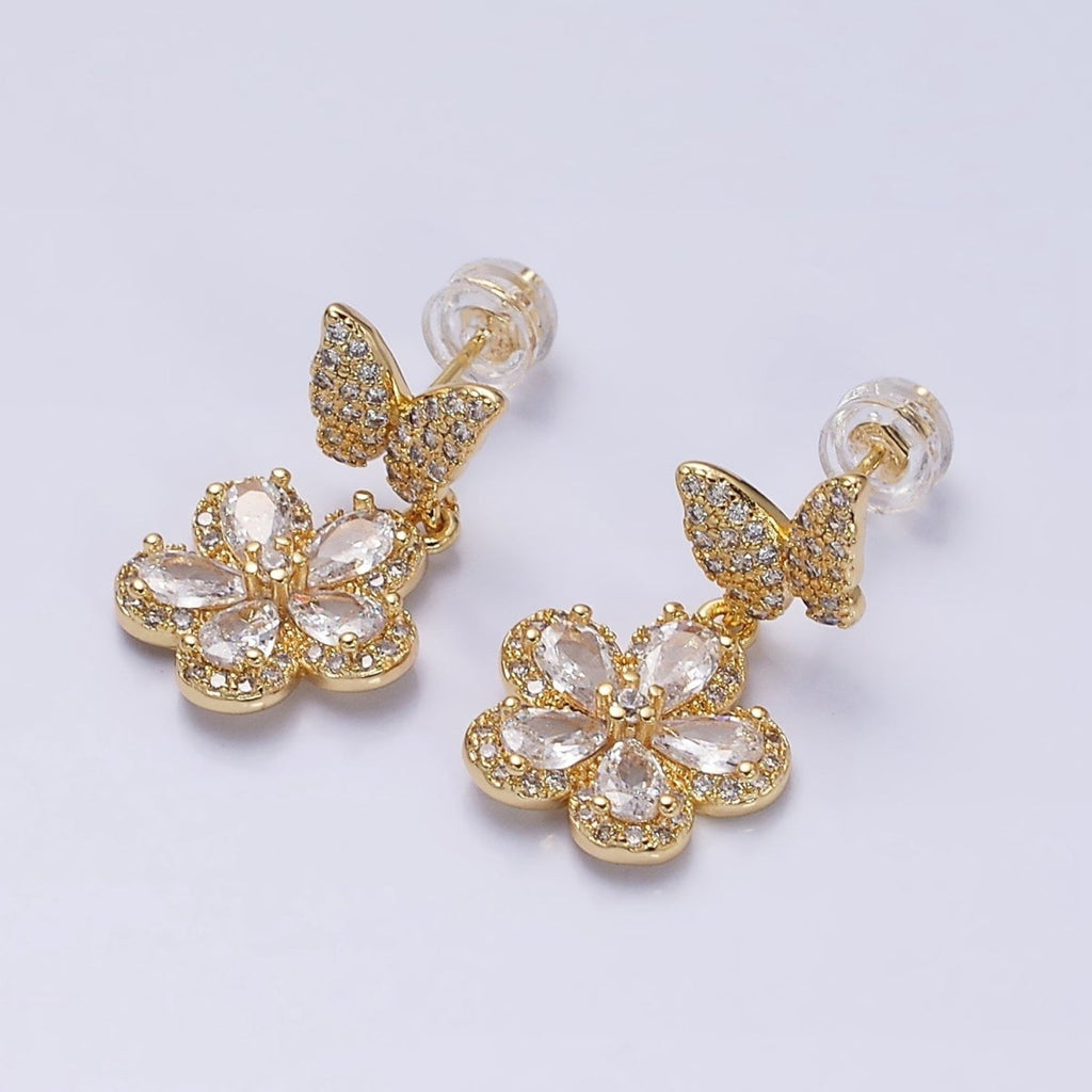 16K Gold plated Flower Butterfly Micro Paved CZ Drop Stud Earrings in Gold & Silver | AD1066 AD1067