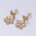 16K Gold plated Flower Butterfly Micro Paved CZ Drop Stud Earrings in Gold & Silver | AD1066 AD1067