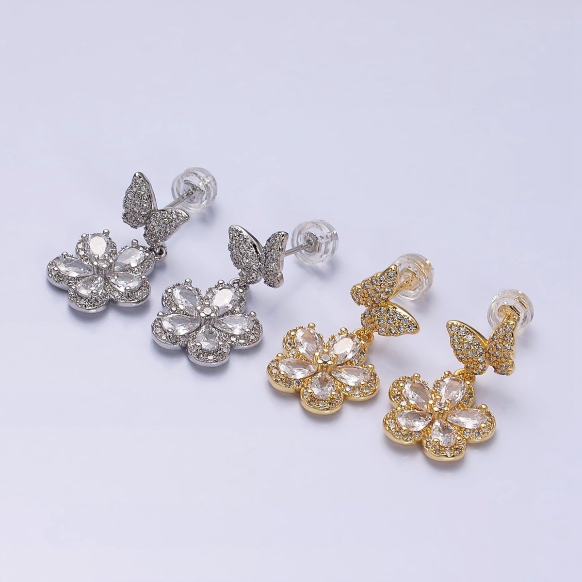16K Gold plated Flower Butterfly Micro Paved CZ Drop Stud Earrings in Gold & Silver | AD1066 AD1067