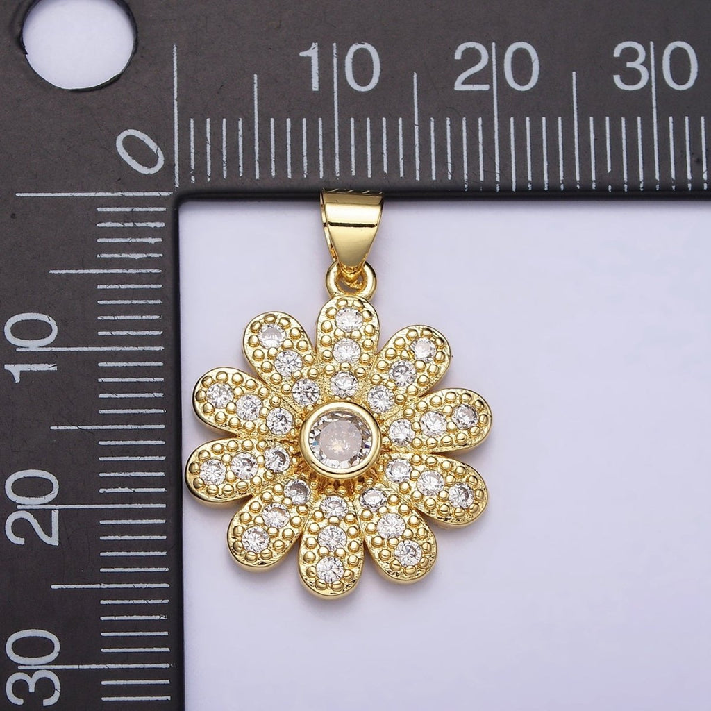 16K Gold plated Flower Daisy Clear CZ Micro Paved Pendant | AA439 - DLUXCA