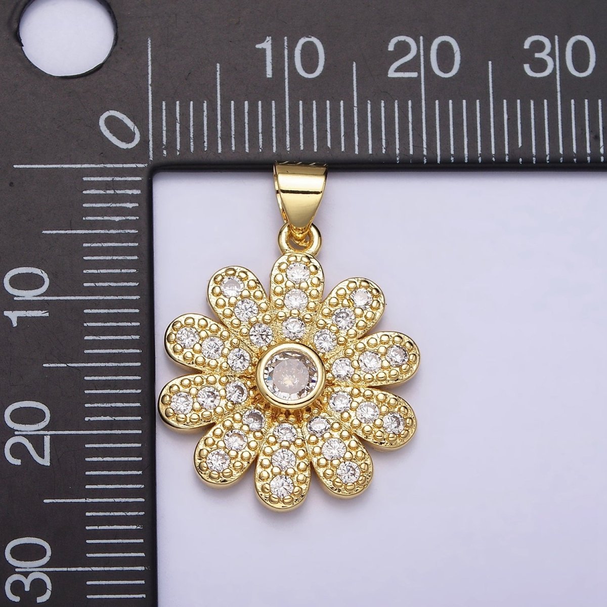 16K Gold plated Flower Daisy Clear CZ Micro Paved Pendant | AA439 - DLUXCA