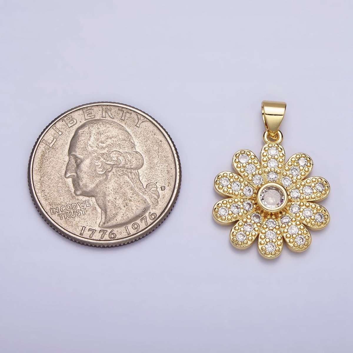 16K Gold plated Flower Daisy Clear CZ Micro Paved Pendant | AA439 - DLUXCA