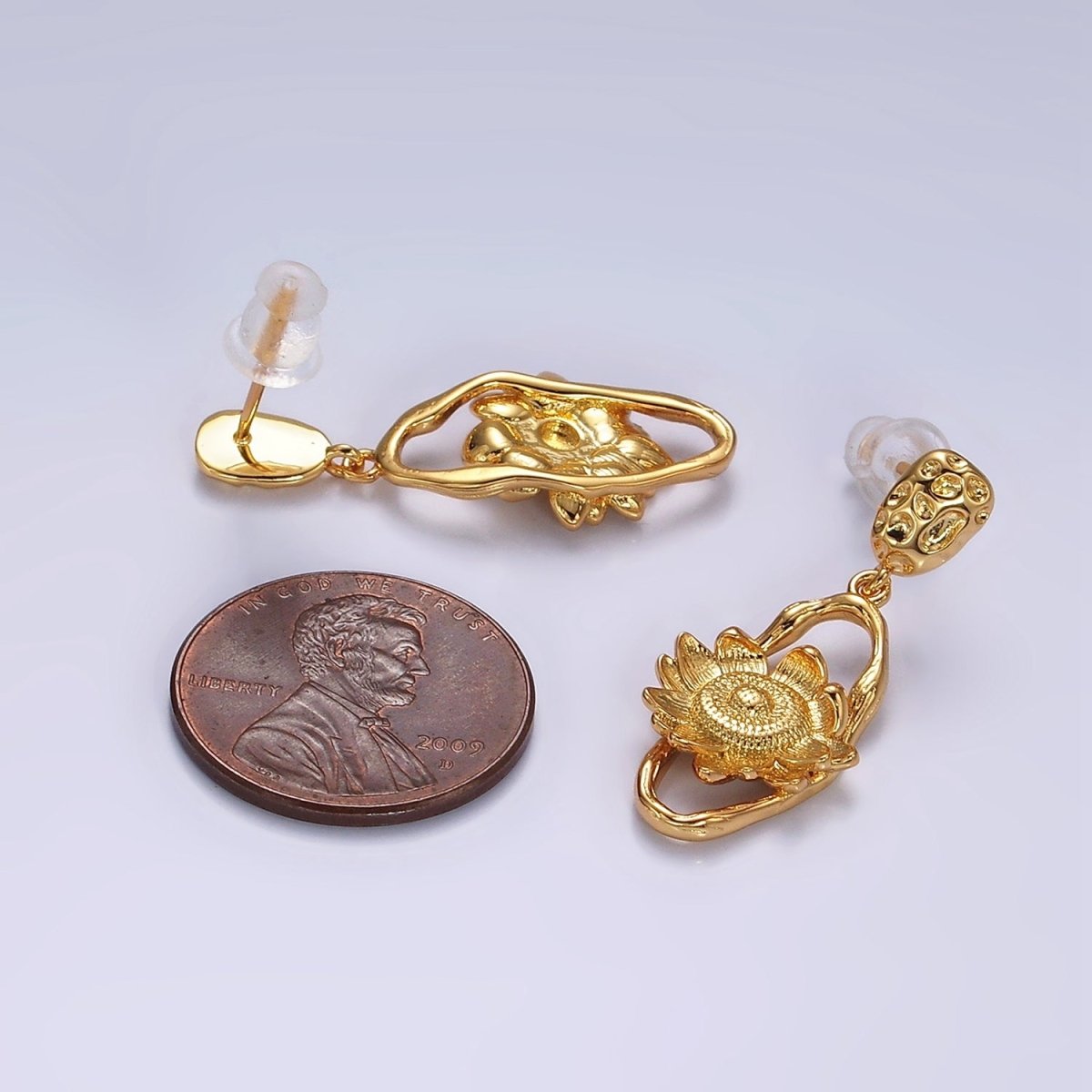 16K Gold plated Flower Hammered Open Oblong Dented Oval Drop Stud Earrings | AE920 - DLUXCA