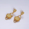 16K Gold plated Flower Hammered Open Oblong Dented Oval Drop Stud Earrings | AE920 - DLUXCA