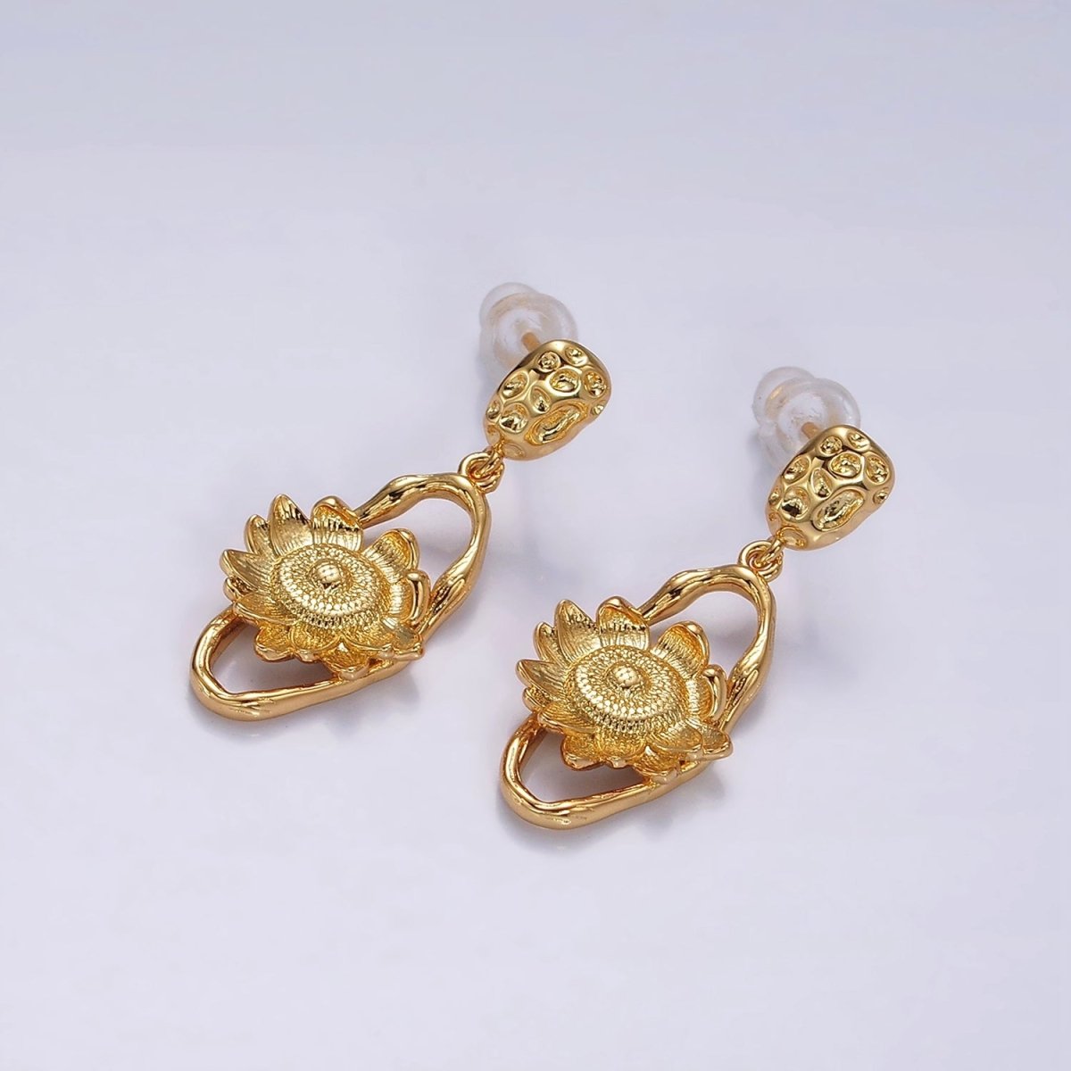 16K Gold plated Flower Hammered Open Oblong Dented Oval Drop Stud Earrings | AE920 - DLUXCA