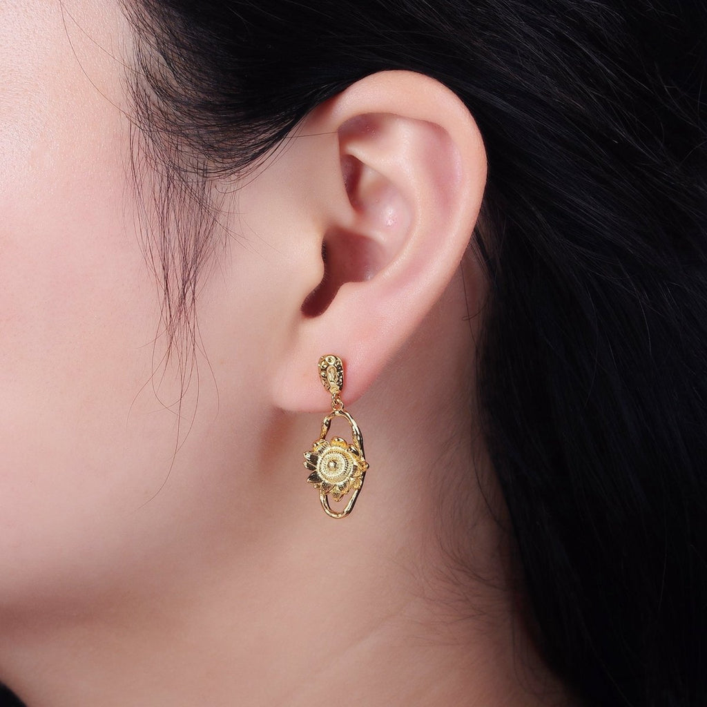 16K Gold plated Flower Hammered Open Oblong Dented Oval Drop Stud Earrings | AE920 - DLUXCA