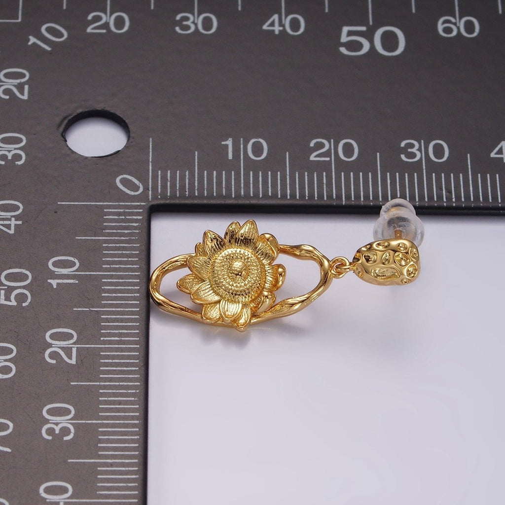 16K Gold plated Flower Hammered Open Oblong Dented Oval Drop Stud Earrings | AE920 - DLUXCA