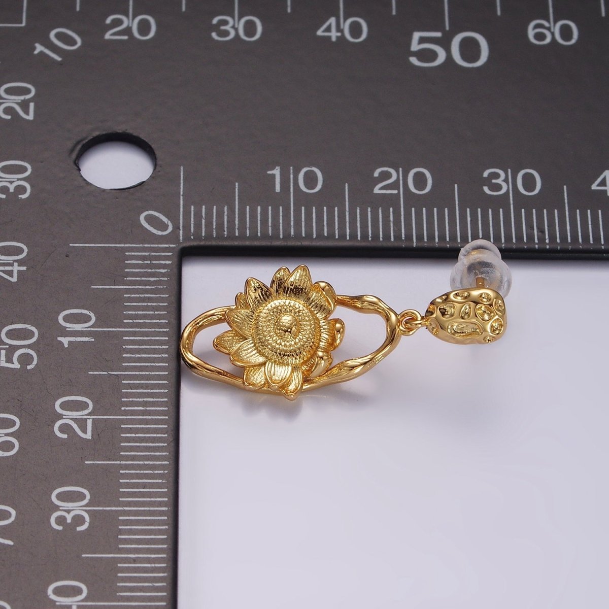 16K Gold plated Flower Hammered Open Oblong Dented Oval Drop Stud Earrings | AE920 - DLUXCA