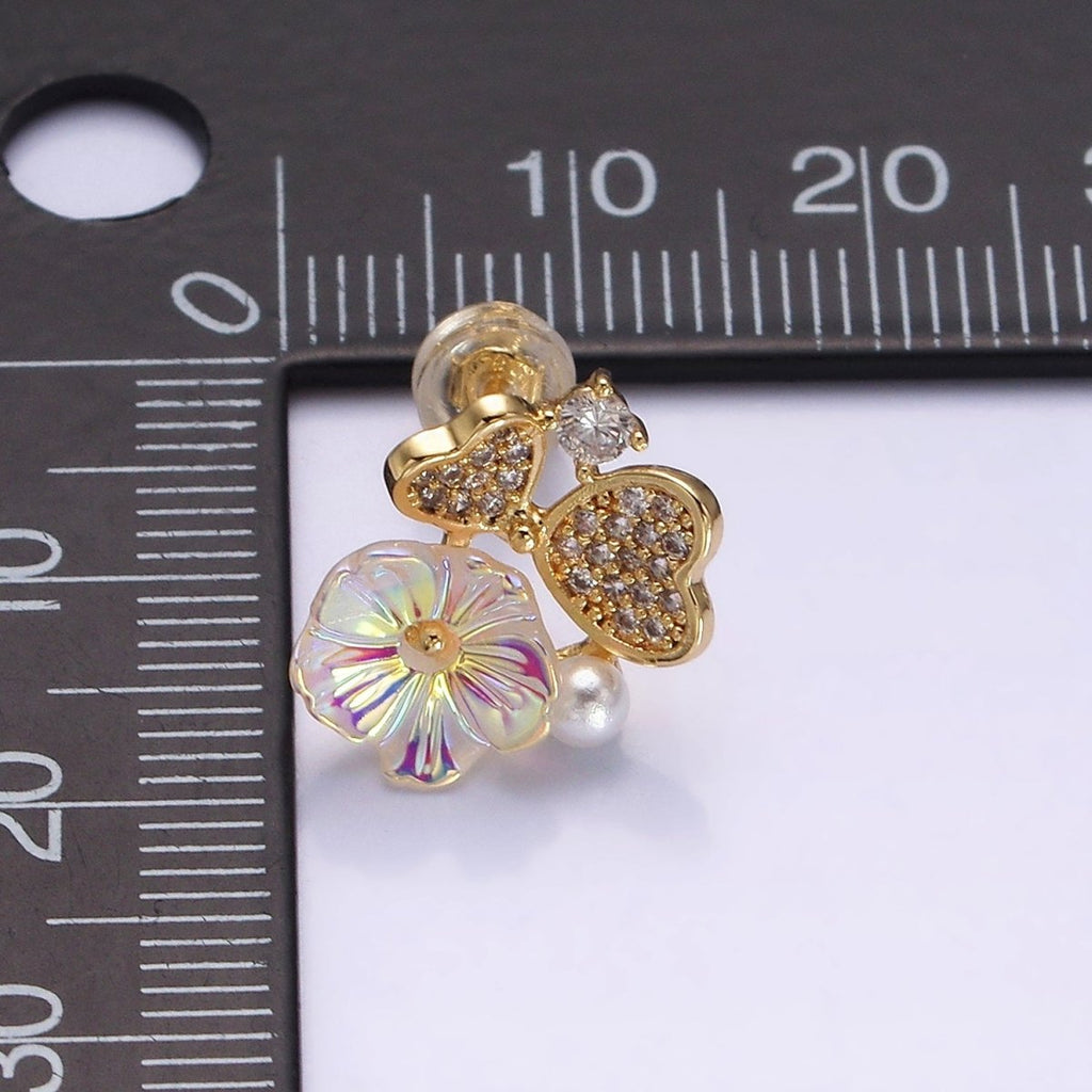 16K Gold plated Flower Iridescent Acrylic Heart Petal Micro Paved CZ Pearl Stud Earrings in Gold & Silver | AD1552 AD1553