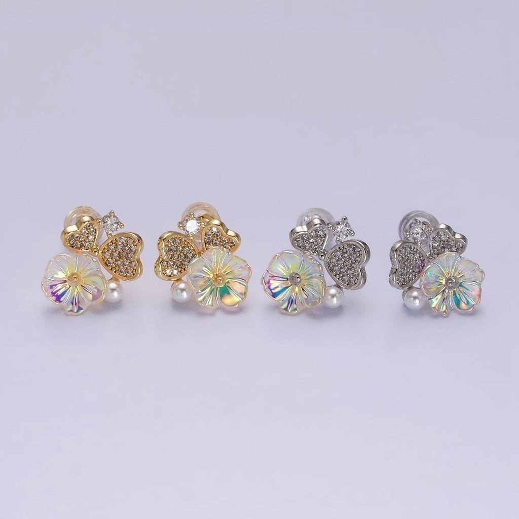 16K Gold plated Flower Iridescent Acrylic Heart Petal Micro Paved CZ Pearl Stud Earrings in Gold & Silver | AD1552 AD1553