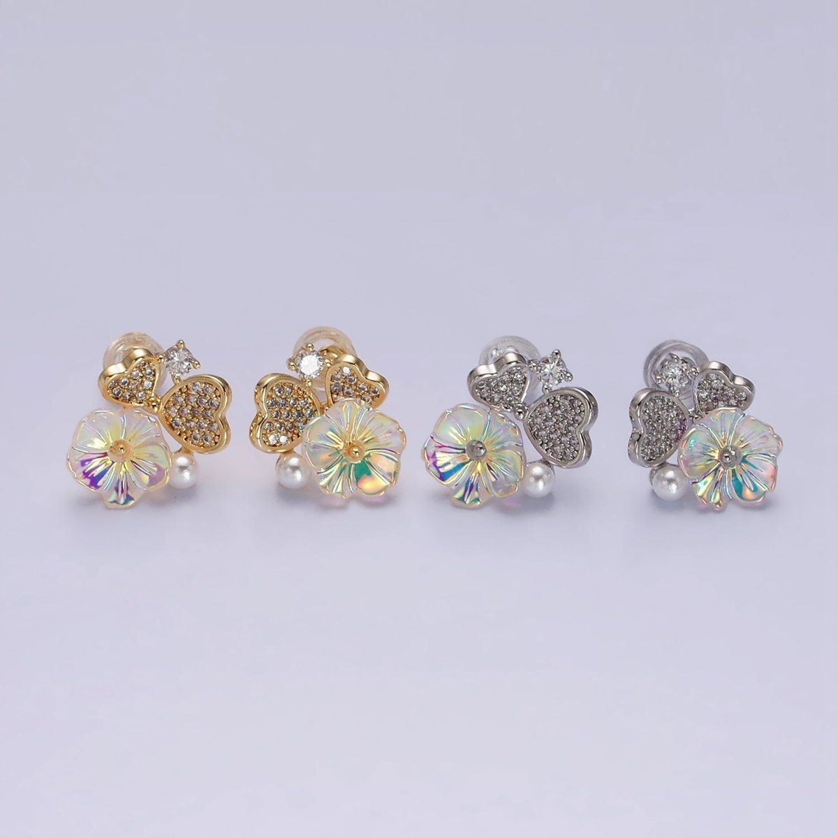 16K Gold plated Flower Iridescent Acrylic Heart Petal Micro Paved CZ Pearl Stud Earrings in Gold & Silver | AD1552 AD1553