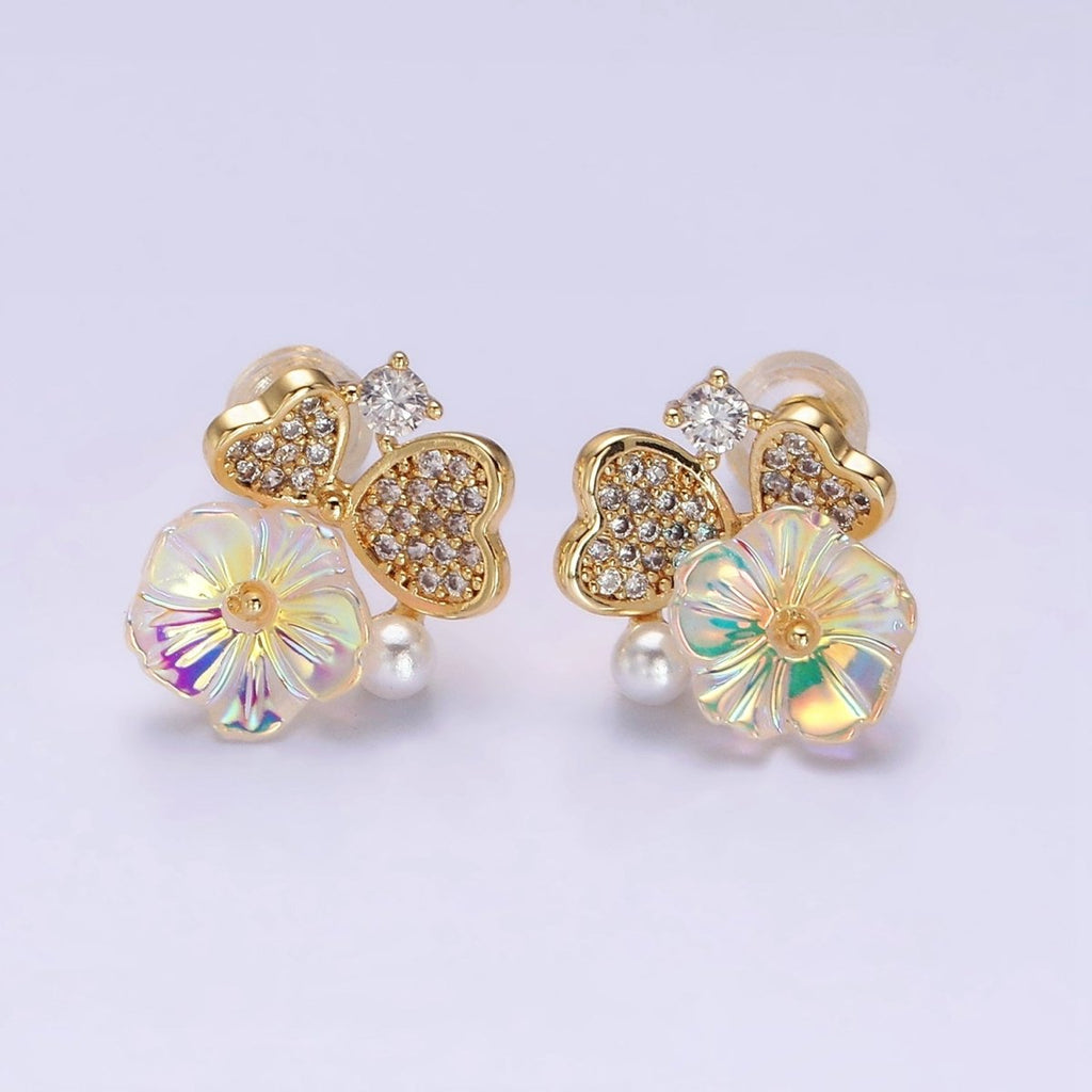 16K Gold plated Flower Iridescent Acrylic Heart Petal Micro Paved CZ Pearl Stud Earrings in Gold & Silver | AD1552 AD1553
