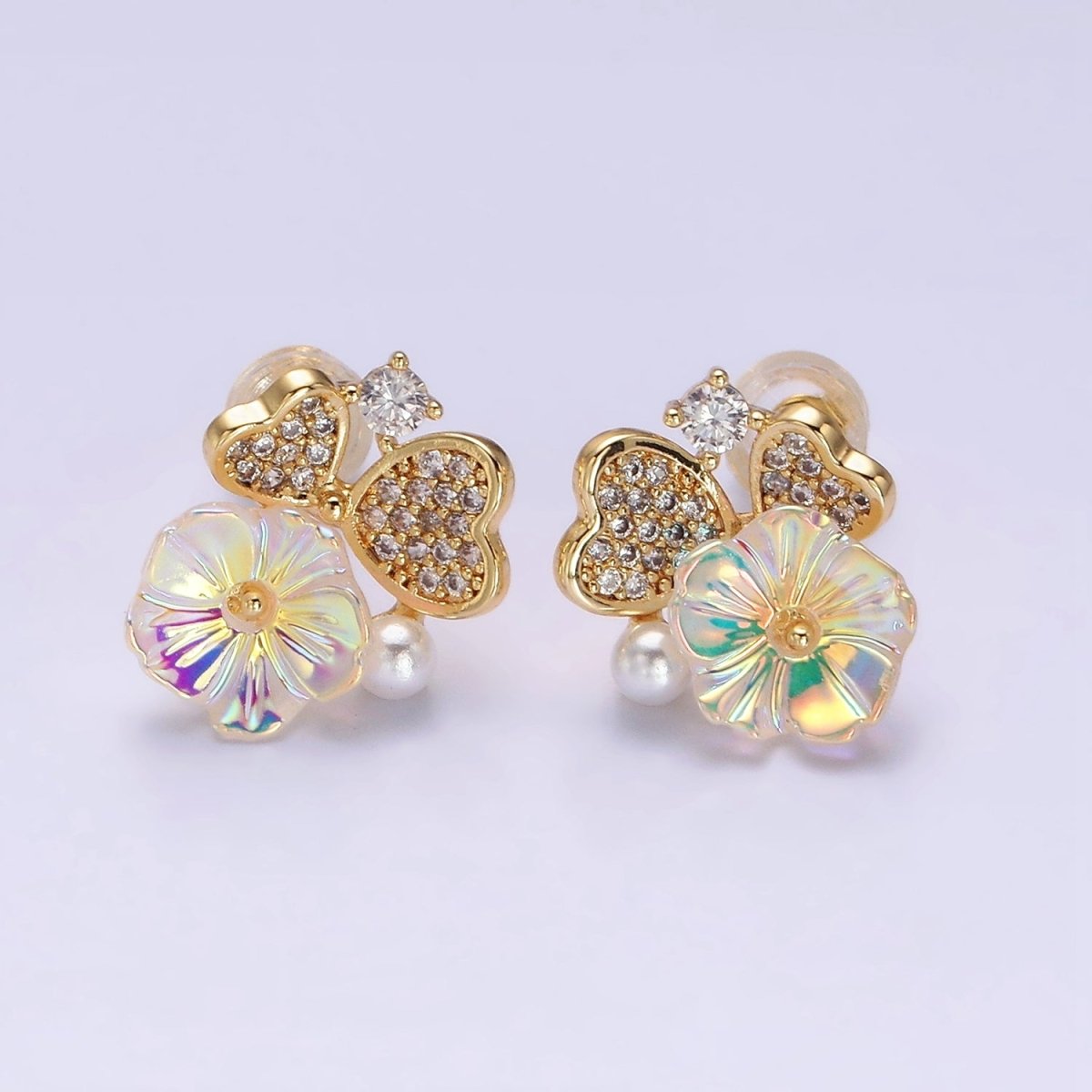 16K Gold plated Flower Iridescent Acrylic Heart Petal Micro Paved CZ Pearl Stud Earrings in Gold & Silver | AD1552 AD1553