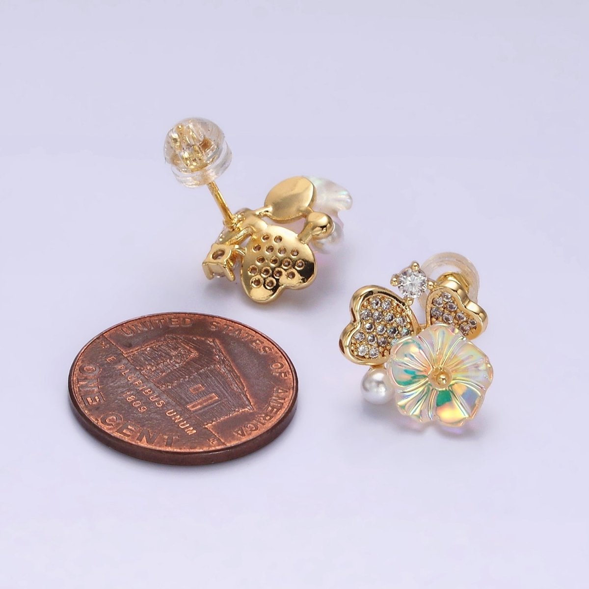 16K Gold plated Flower Iridescent Acrylic Heart Petal Micro Paved CZ Pearl Stud Earrings in Gold & Silver | AD1552 AD1553