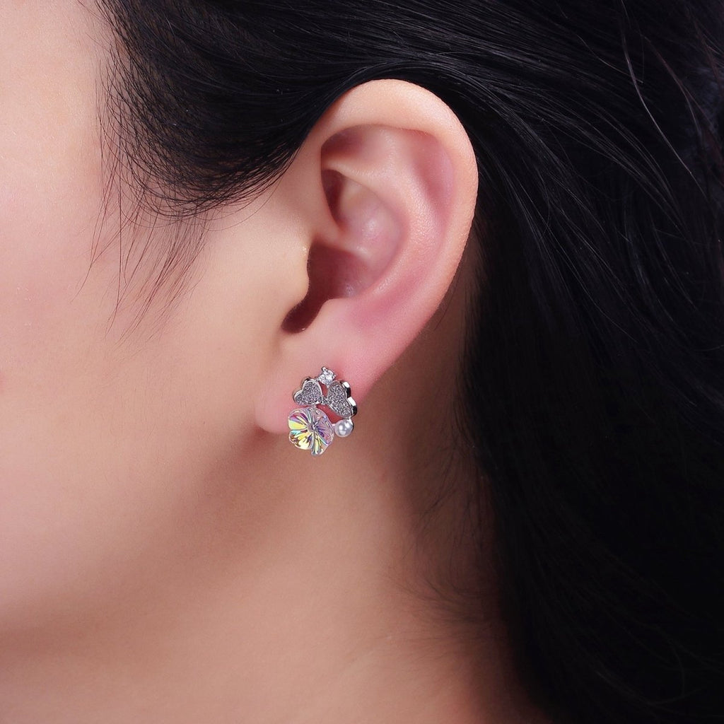 16K Gold plated Flower Iridescent Acrylic Heart Petal Micro Paved CZ Pearl Stud Earrings in Gold & Silver | AD1552 AD1553