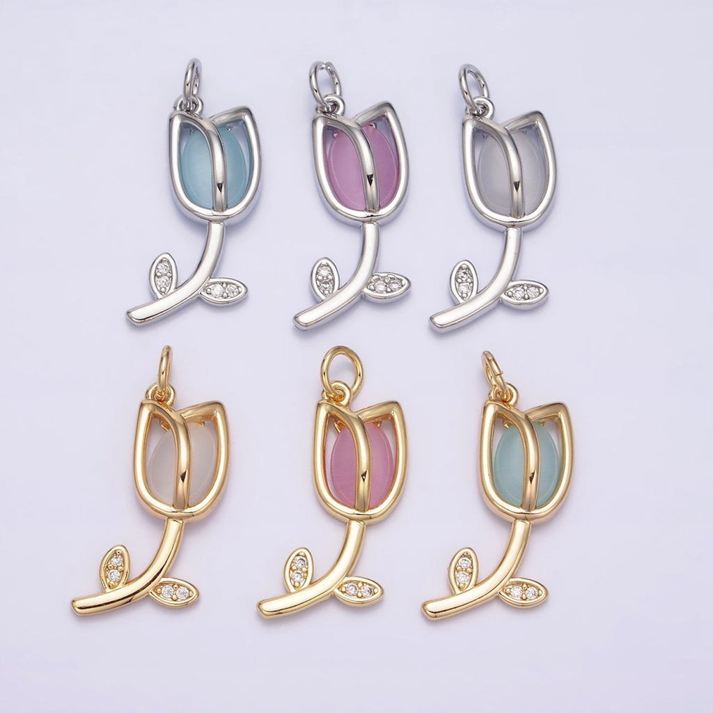 16K Gold plated Flower Tulip Rose White, Blue, Pink Cat Eye Cabochon Charm in Gold & Silver | AC1073 - AC1078 - DLUXCA