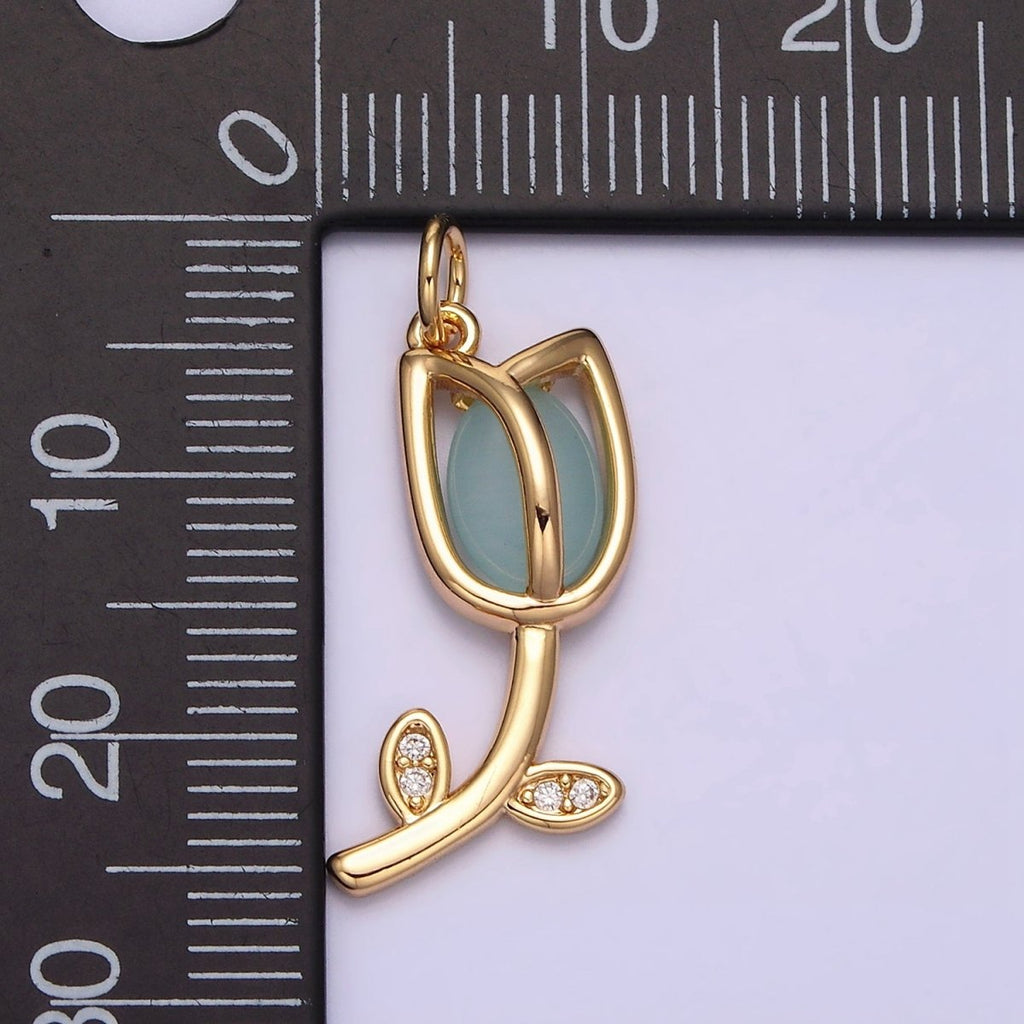 16K Gold plated Flower Tulip Rose White, Blue, Pink Cat Eye Cabochon Charm in Gold & Silver | AC1073 - AC1078 - DLUXCA