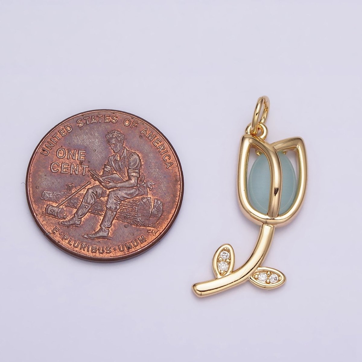16K Gold plated Flower Tulip Rose White, Blue, Pink Cat Eye Cabochon Charm in Gold & Silver | AC1073 - AC1078 - DLUXCA