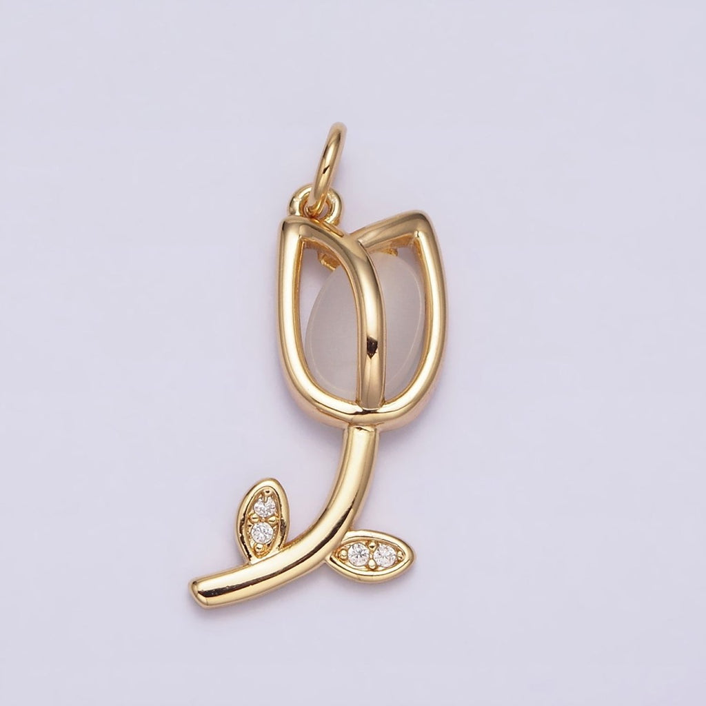 16K Gold plated Flower Tulip Rose White, Blue, Pink Cat Eye Cabochon Charm in Gold & Silver | AC1073 - AC1078 - DLUXCA