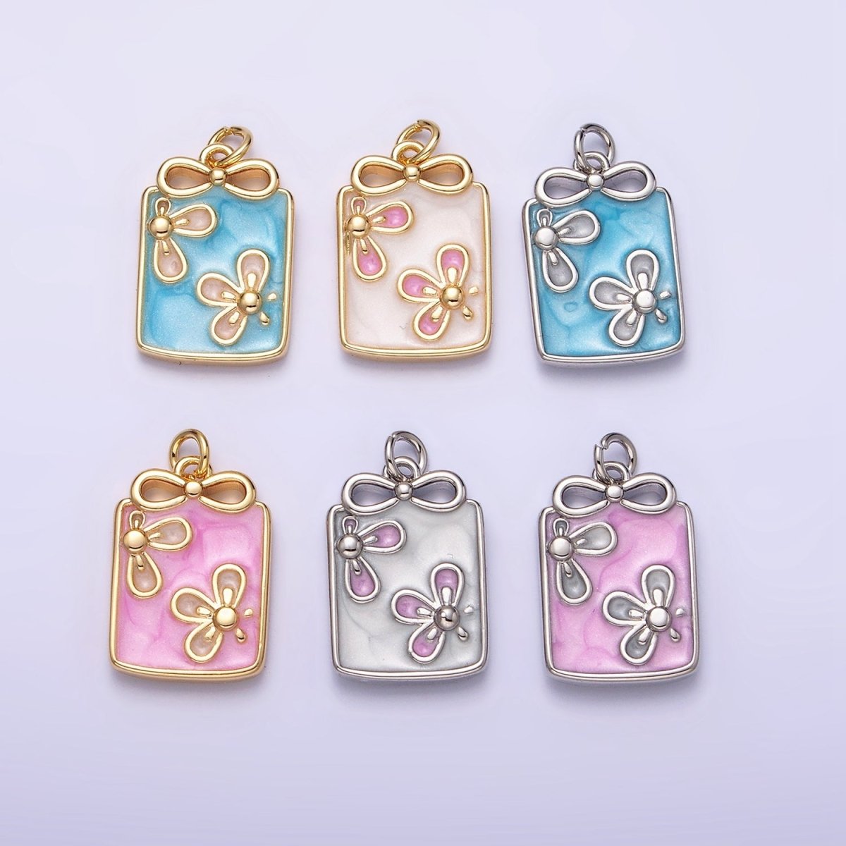 16K Gold plated Flower White, Blue, Pink Sparkly Enamel Ribbon Bow Rectangular Charm in Gold & Silver | AC1344 - AC1349