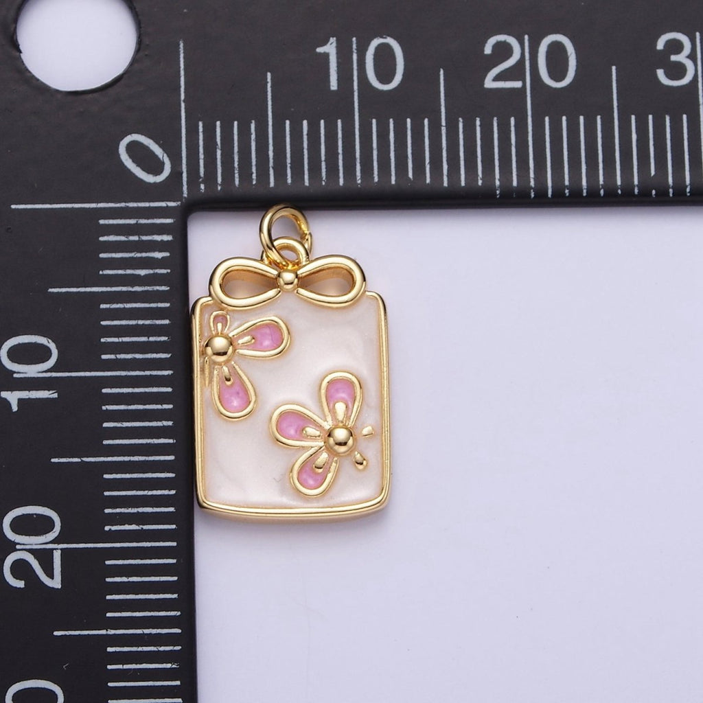 16K Gold plated Flower White, Blue, Pink Sparkly Enamel Ribbon Bow Rectangular Charm in Gold & Silver | AC1344 - AC1349