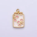 16K Gold plated Flower White, Blue, Pink Sparkly Enamel Ribbon Bow Rectangular Charm in Gold & Silver | AC1344 - AC1349