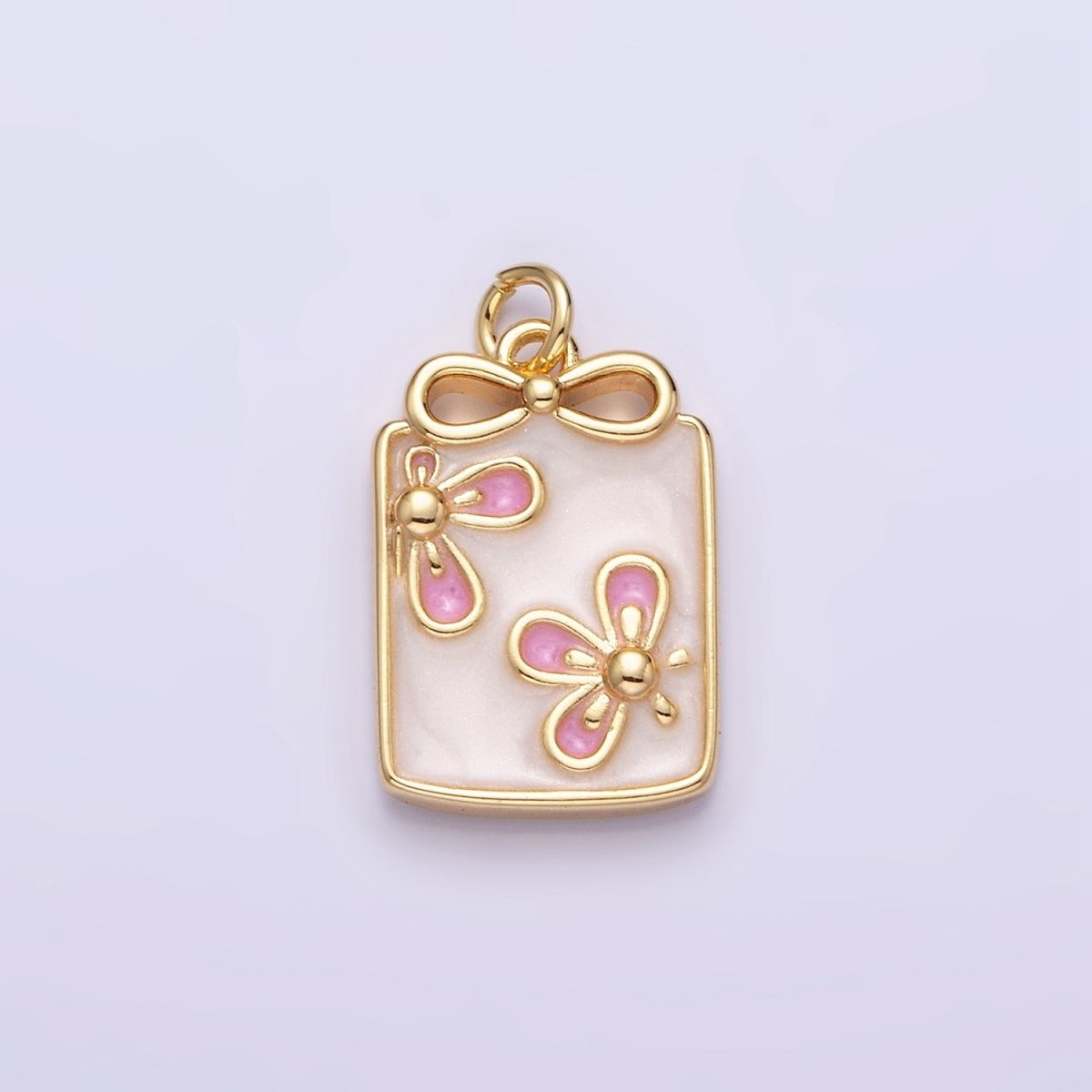 16K Gold plated Flower White, Blue, Pink Sparkly Enamel Ribbon Bow Rectangular Charm in Gold & Silver | AC1344 - AC1349